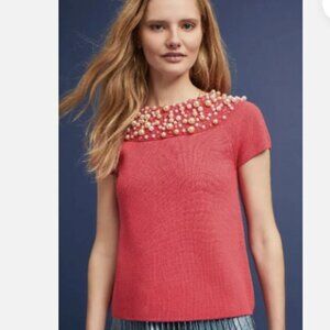 Moth Anthropologie Red Brienne Pearl Embellished Coquette Sweater Size XS